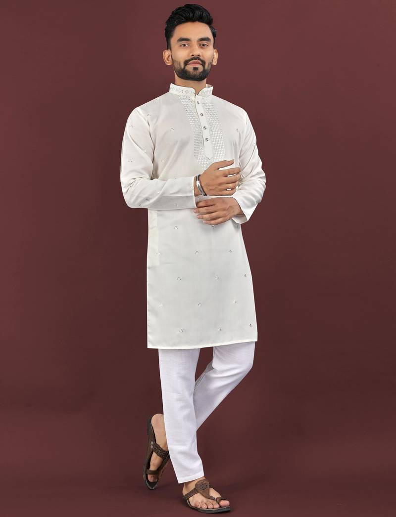 White viscose silk embroidery sequins work straight men's kurta pyjama