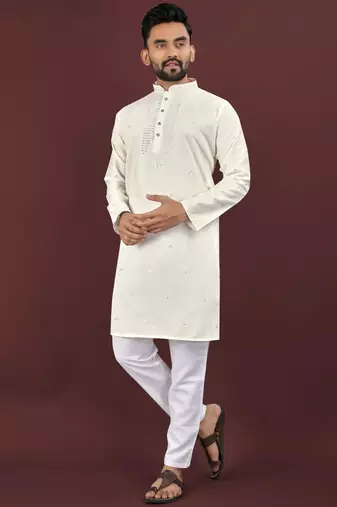White viscose silk embroidery sequins work straight men's kurta pyjama