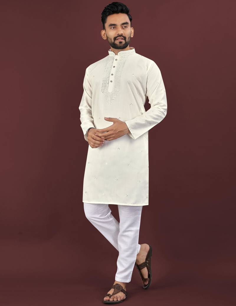 White viscose silk embroidery sequins work straight men's kurta pyjama
