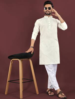 White viscose silk embroidery sequins work straight men's kurta pyjama 3