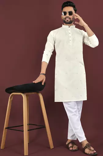 White viscose silk embroidery sequins work straight men's kurta pyjama