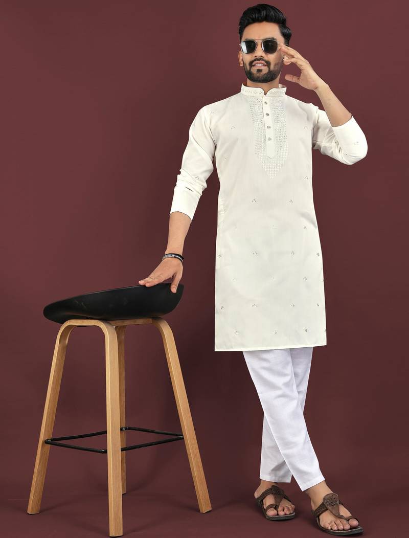 White viscose silk embroidery sequins work straight men's kurta pyjama