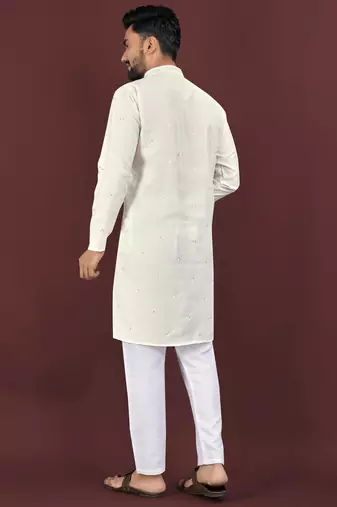 White viscose silk embroidery sequins work straight men's kurta pyjama