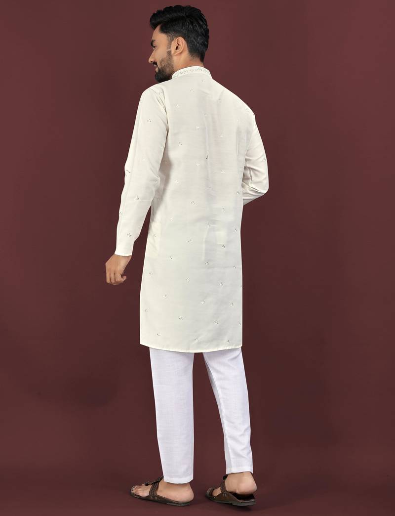 White viscose silk embroidery sequins work straight men's kurta pyjama