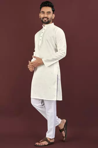 White viscose silk embroidery sequins work straight men's kurta pyjama