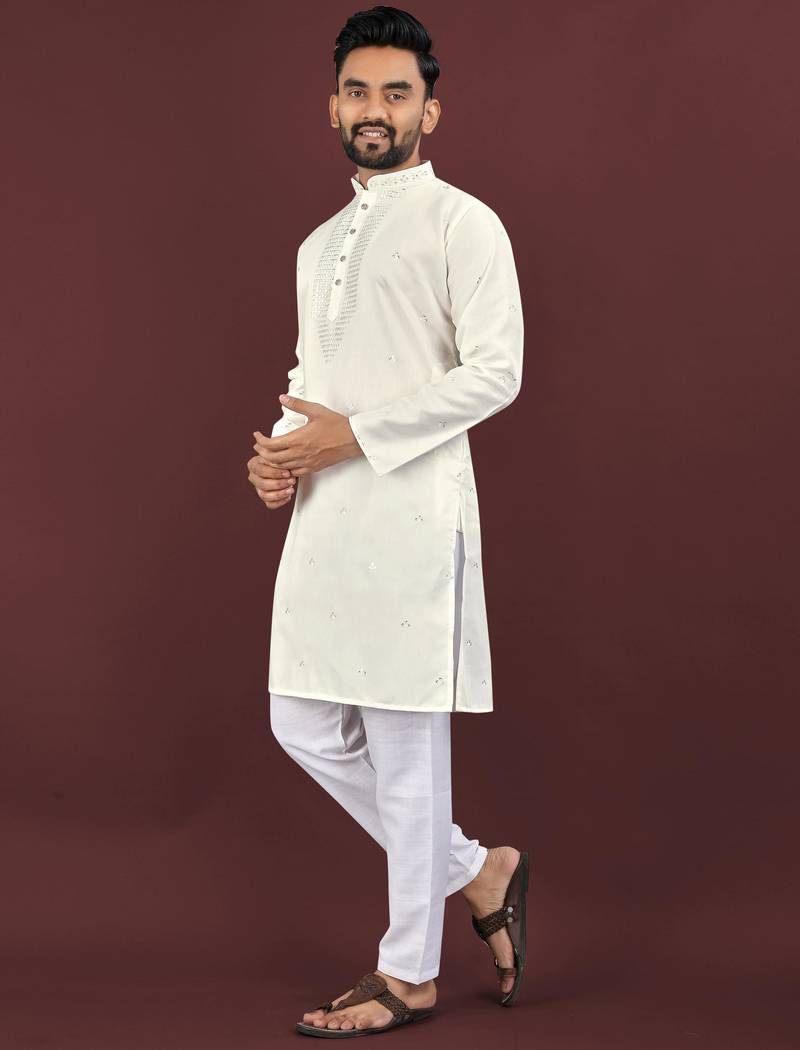 White viscose silk embroidery sequins work straight men's kurta pyjama