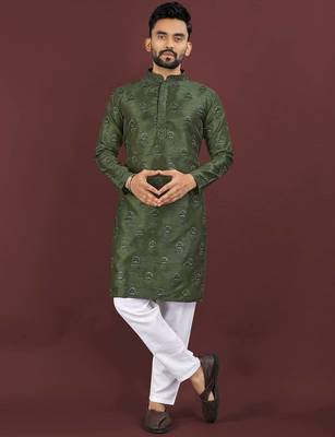 Green banglori silk embroidery sequins work straight men's kurta pyjama 1