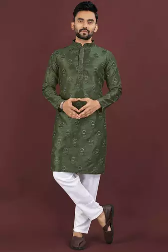 Green banglori silk embroidery sequins work straight men's kurta pyjama
