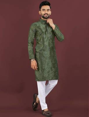 Green banglori silk embroidery sequins work straight men's kurta pyjama 2