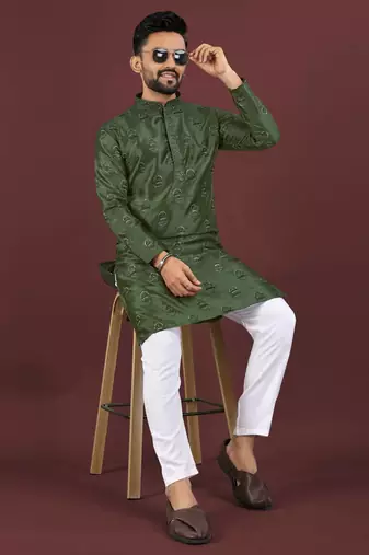 Green banglori silk embroidery sequins work straight men's kurta pyjama
