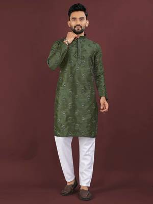 Green banglori silk embroidery sequins work straight men's kurta pyjama 4