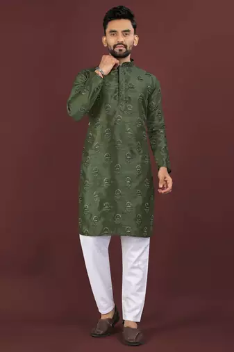 Green banglori silk embroidery sequins work straight men's kurta pyjama