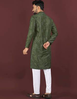 Green banglori silk embroidery sequins work straight men's kurta pyjama 5