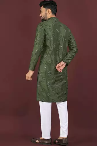 Green banglori silk embroidery sequins work straight men's kurta pyjama