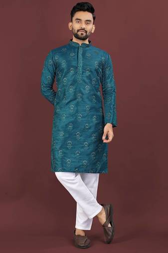 Blue banglori silk embroidery sequins work straight men's kurta pyjama