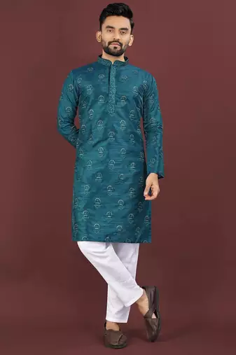 Blue banglori silk embroidery sequins work straight men's kurta pyjama