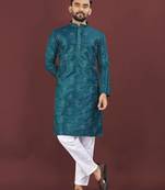 Blue banglori silk embroidery sequins work straight men's kurta pyjama