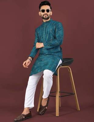Blue banglori silk embroidery sequins work straight men's kurta pyjama 2