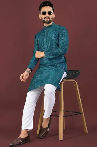 Blue banglori silk embroidery sequins work straight men's kurta pyjama