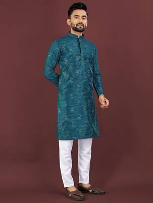 Blue banglori silk embroidery sequins work straight men's kurta pyjama 3