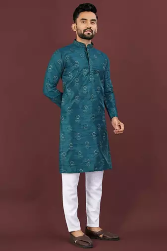Blue banglori silk embroidery sequins work straight men's kurta pyjama