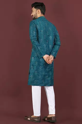Blue banglori silk embroidery sequins work straight men's kurta pyjama