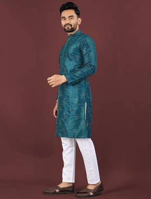 Blue banglori silk embroidery sequins work straight men's kurta pyjama 5