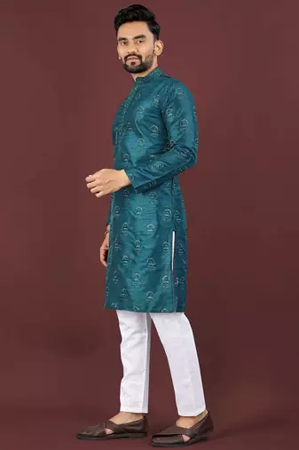 Blue banglori silk embroidery sequins work straight men's kurta pyjama