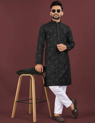 Black banglori silk embroidery sequins work straight men's kurta pyjama 1