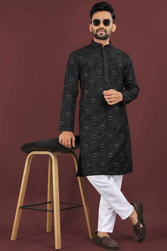 Black banglori silk embroidery sequins work straight men's kurta pyjama