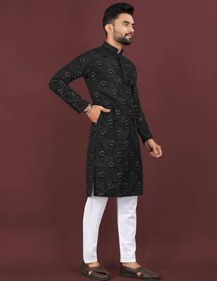 Black banglori silk embroidery sequins work straight men's kurta pyjama 2