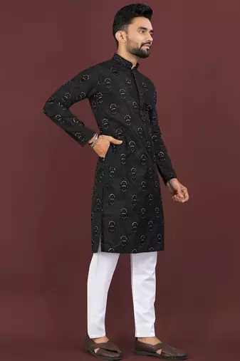 Black banglori silk embroidery sequins work straight men's kurta pyjama