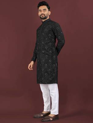 Black banglori silk embroidery sequins work straight men's kurta pyjama 3