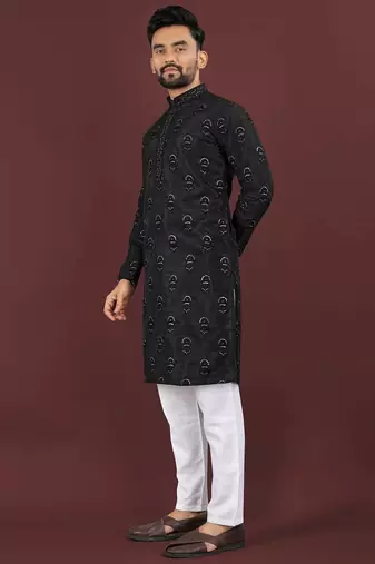Black banglori silk embroidery sequins work straight men's kurta pyjama