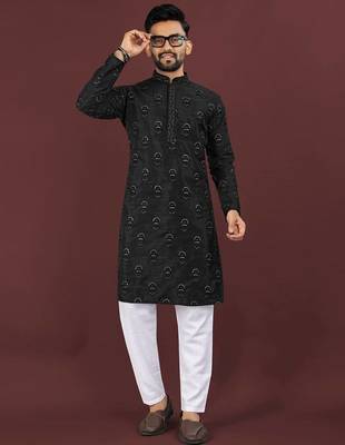 Black banglori silk embroidery sequins work straight men's kurta pyjama 4