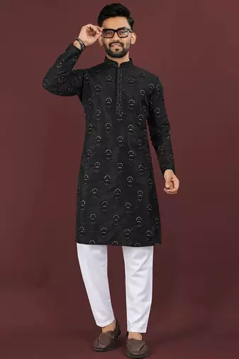 Black banglori silk embroidery sequins work straight men's kurta pyjama
