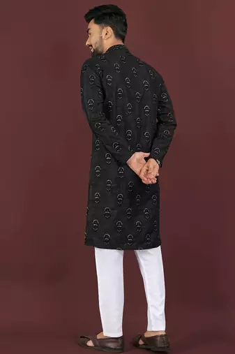 Black banglori silk embroidery sequins work straight men's kurta pyjama