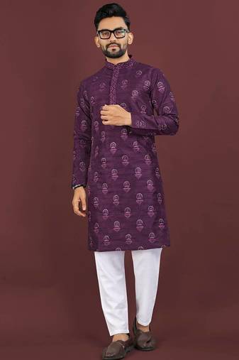 Wine banglori silk embroidery sequins work straight men's kurta pyjama