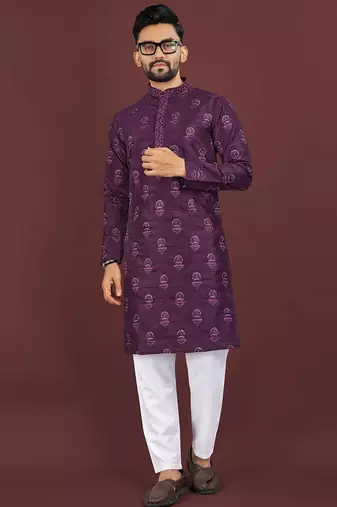 Wine banglori silk embroidery sequins work straight men's kurta pyjama
