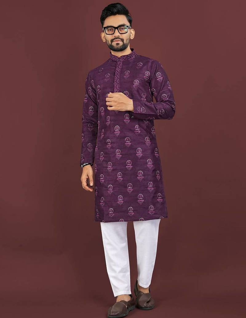 Wine banglori silk embroidery sequins work straight men's kurta pyjama