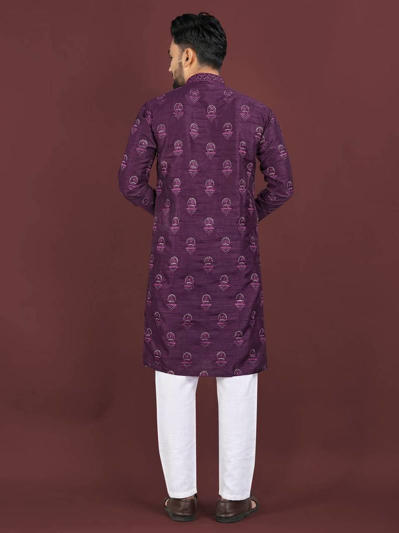 Wine banglori silk embroidery sequins work straight men's kurta pyjama
