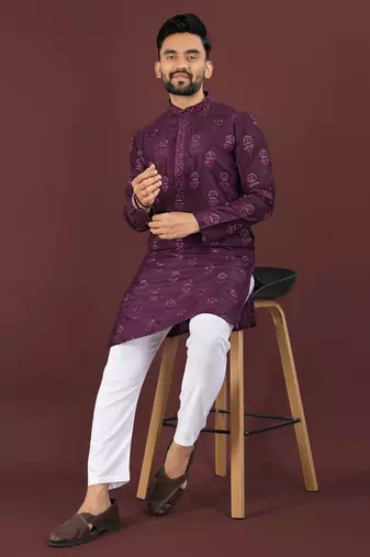 Wine banglori silk embroidery sequins work straight men's kurta pyjama