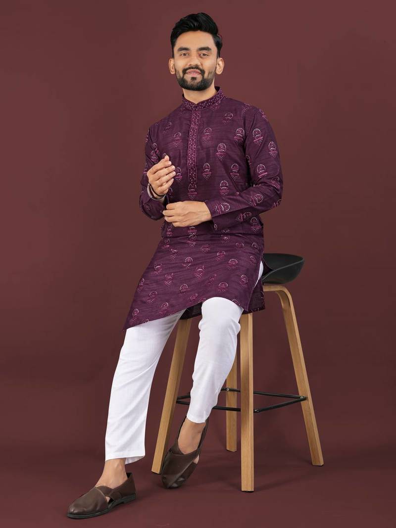 Wine banglori silk embroidery sequins work straight men's kurta pyjama