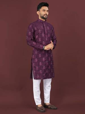 Wine banglori silk embroidery sequins work straight men's kurta pyjama 4