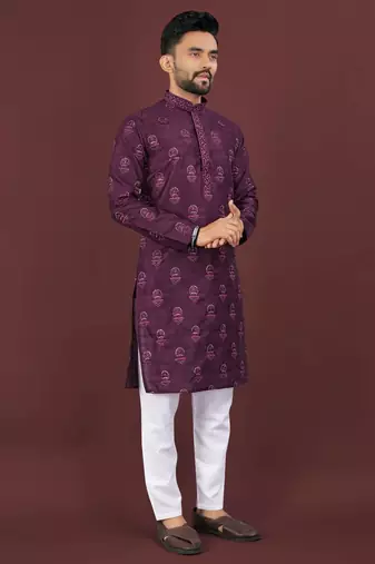 Wine banglori silk embroidery sequins work straight men's kurta pyjama