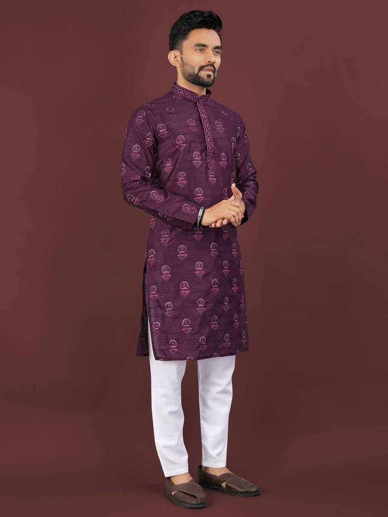 Wine banglori silk embroidery sequins work straight men's kurta pyjama