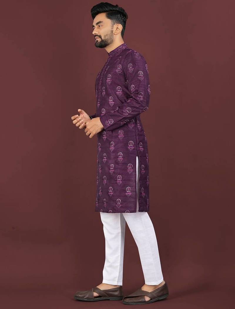 Wine banglori silk embroidery sequins work straight men's kurta pyjama