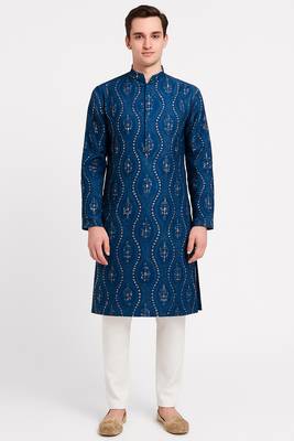 Blue silk sequins embroidery straight men's kurta pyjama 1
