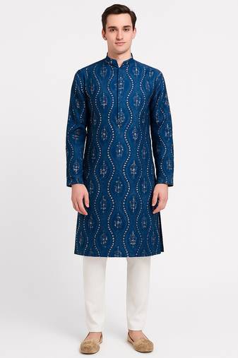 Blue silk sequins embroidery straight men's kurta pyjama