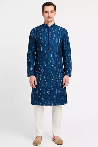 Blue silk sequins embroidery straight men's kurta pyjama